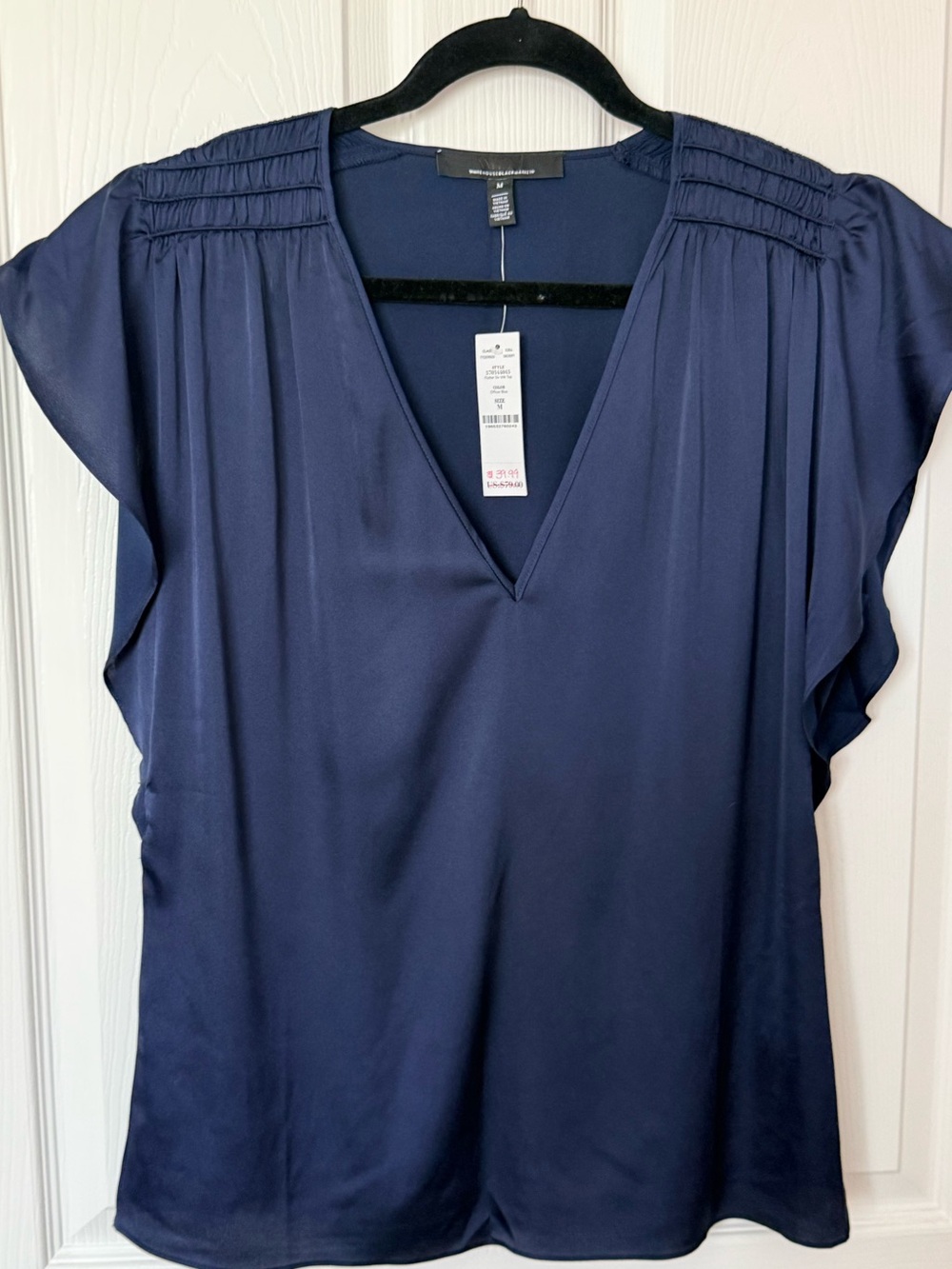 White House Black Market Navy V-Neck Flutter Sleeve Blouse